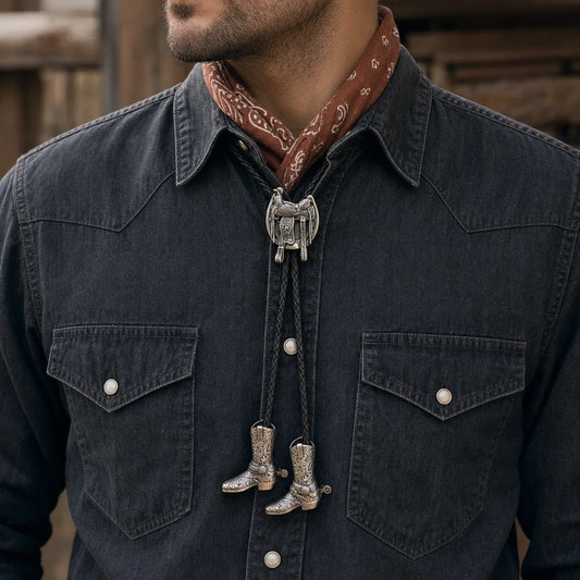 Silver saddle bolo tie with engraved cowboy boot pendants worn with a charcoal Western shirt