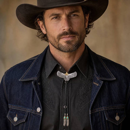 Model wearing a stainless steel soaring eagle bolo tie with a titanium-gold-tone eagle head
