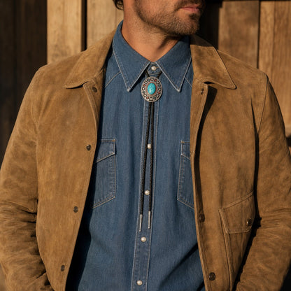 Southwestern enamel concho bolo tie worn with a suede jacket and Western shirt