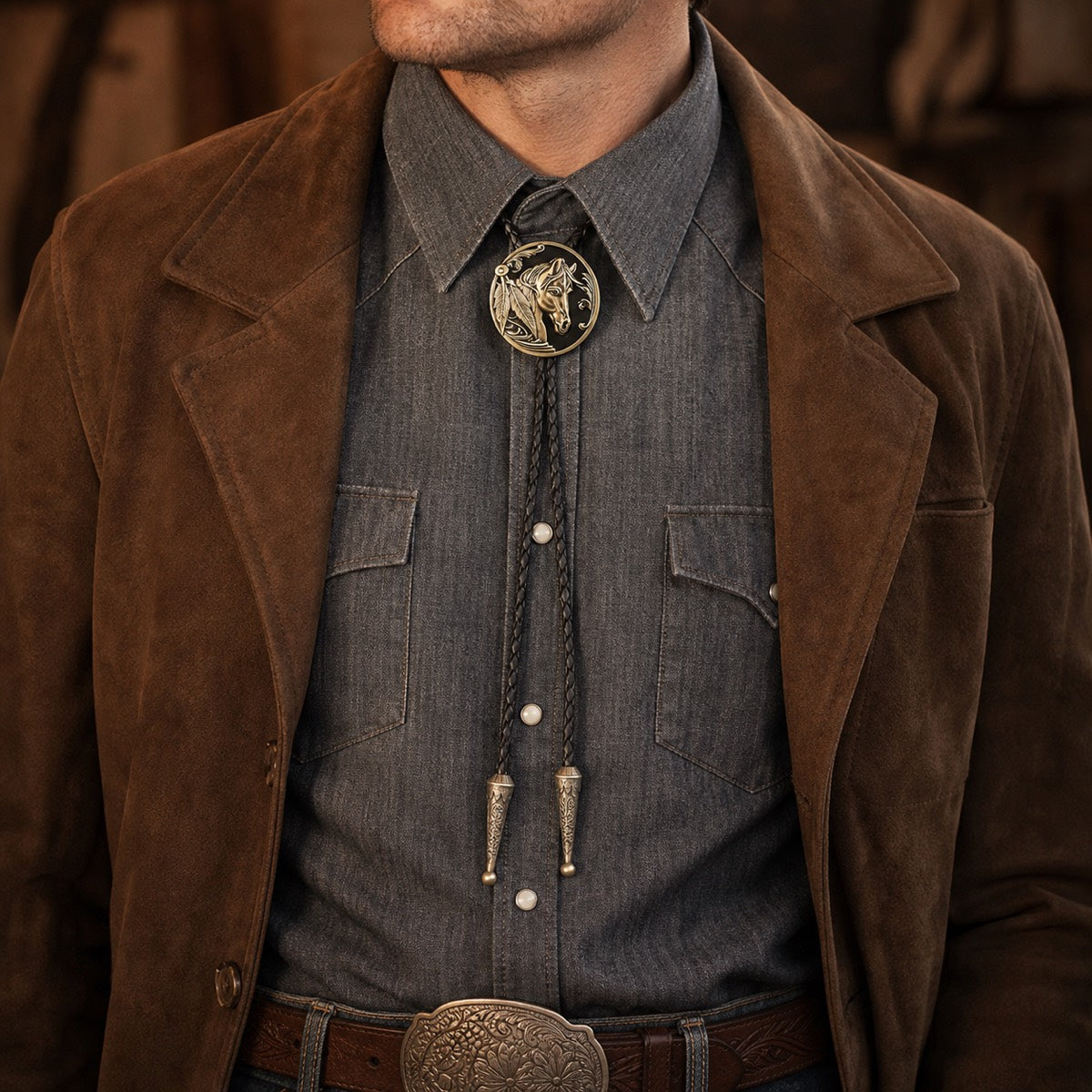 Western horse head copper bolo tie worn with charcoal Western shirt and brown suede jacket