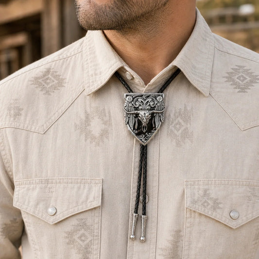 Black longhorn skull western bolo tie worn with a light patterned western shirt