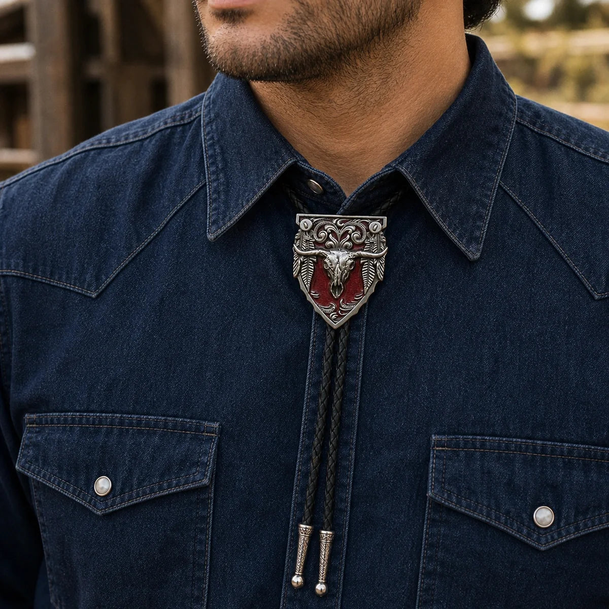 Red longhorn skull western bolo tie worn with a dark denim western shirt