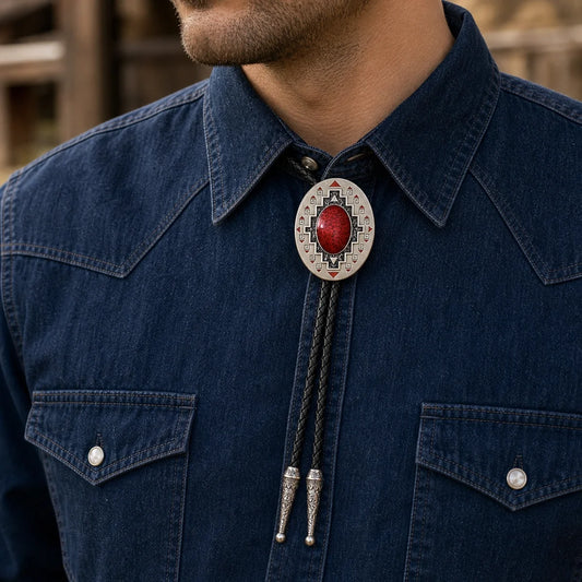 Western ruby-red enamel bolo tie worn with a dark denim western shirt