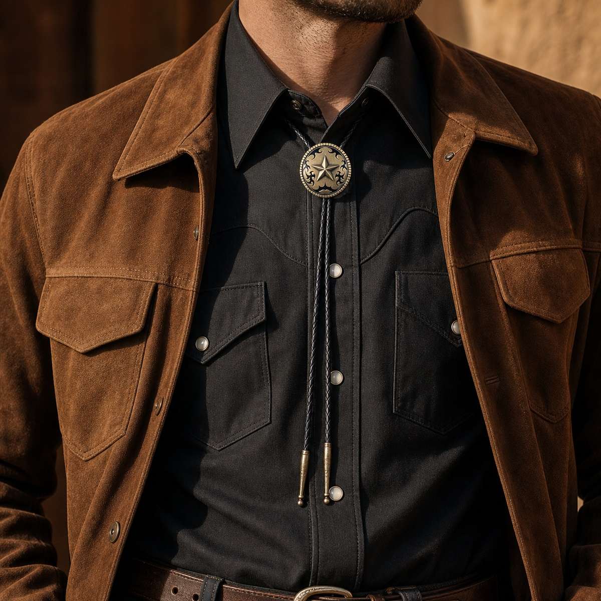 Antique brass Western star bolo tie worn with charcoal shirt and suede jacket