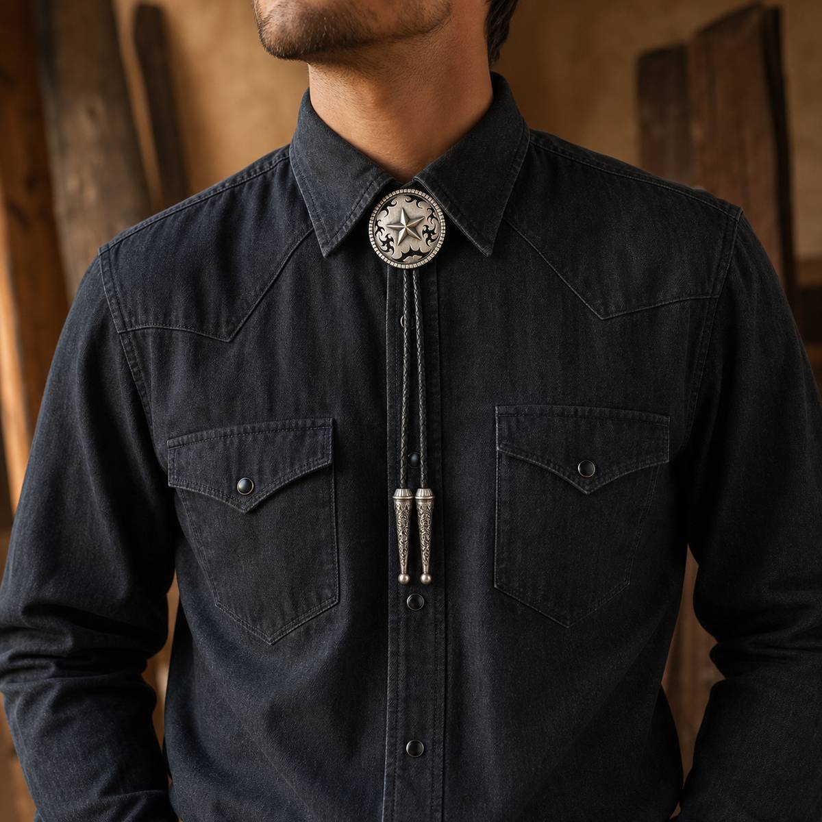 Western Star Antique Silver Bolo Tie worn with charcoal western shirt