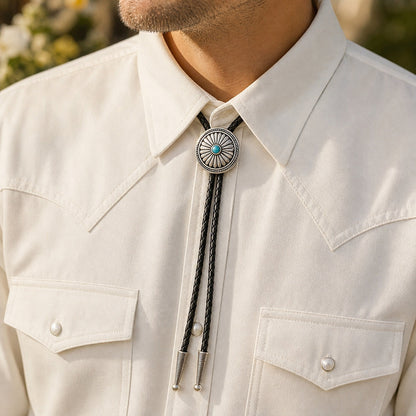 Model wearing a western turquoise concho bolo tie with a white western shirt