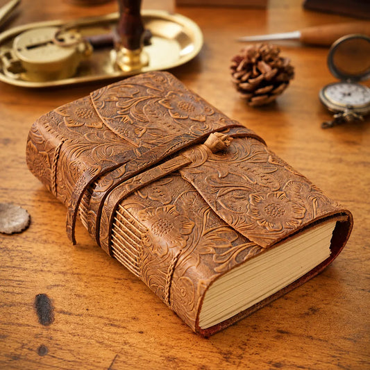 Floral-patterned brown leather journal with a wraparound cover and leather tie on a rustic wooden desk beside vintage writing accessories.
