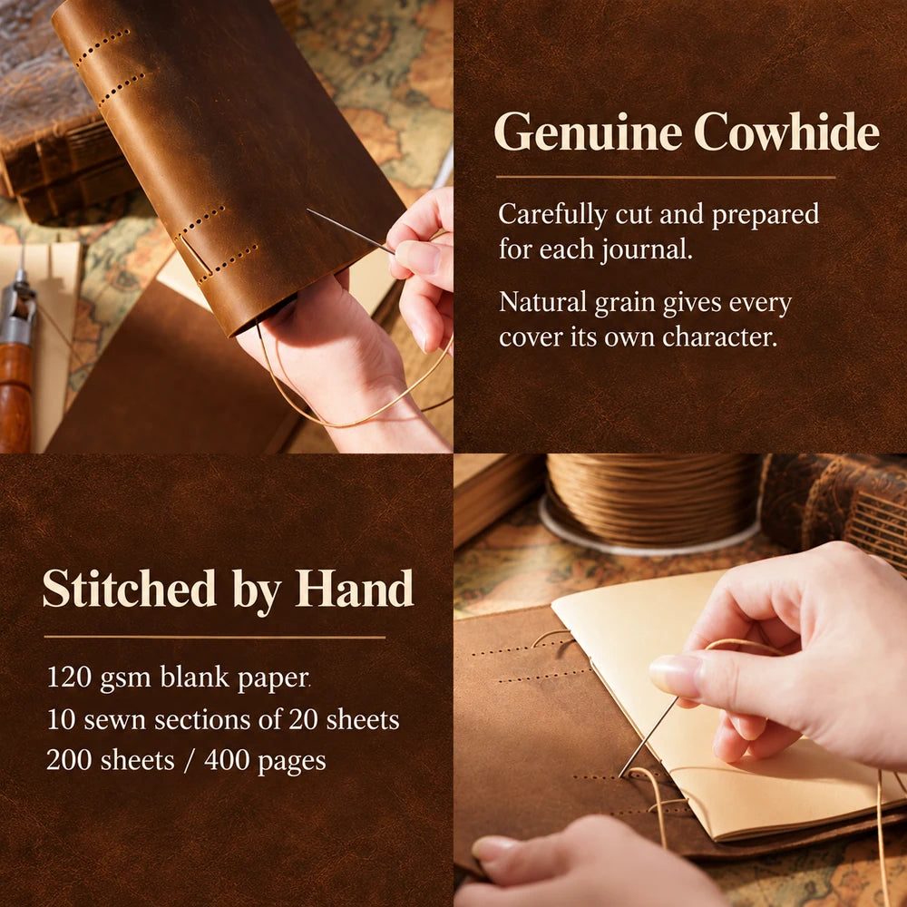 Hands preparing a brown cowhide journal cover and stitching blank paper, with craft details on a warm brown background.
