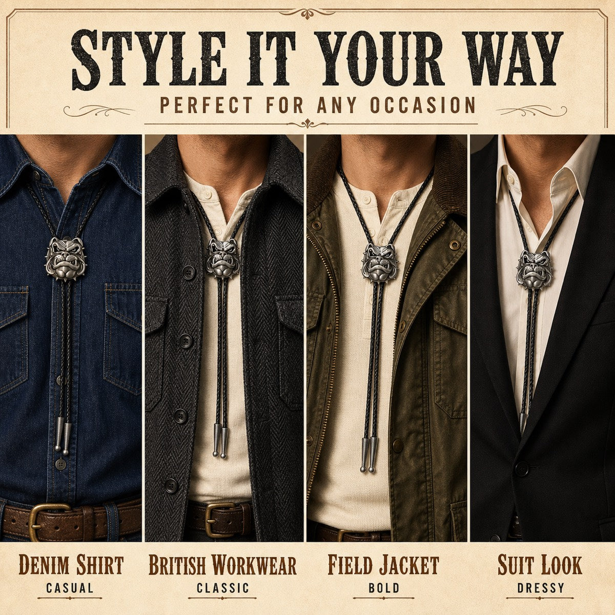 Style ideas for wearing an antique silver English bulldog bolo tie