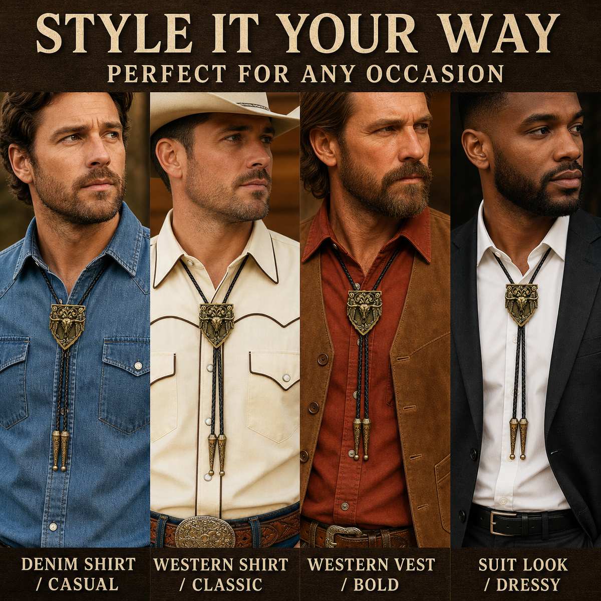 Four outfit styling ideas for the antique copper longhorn arrowhead bolo tie
