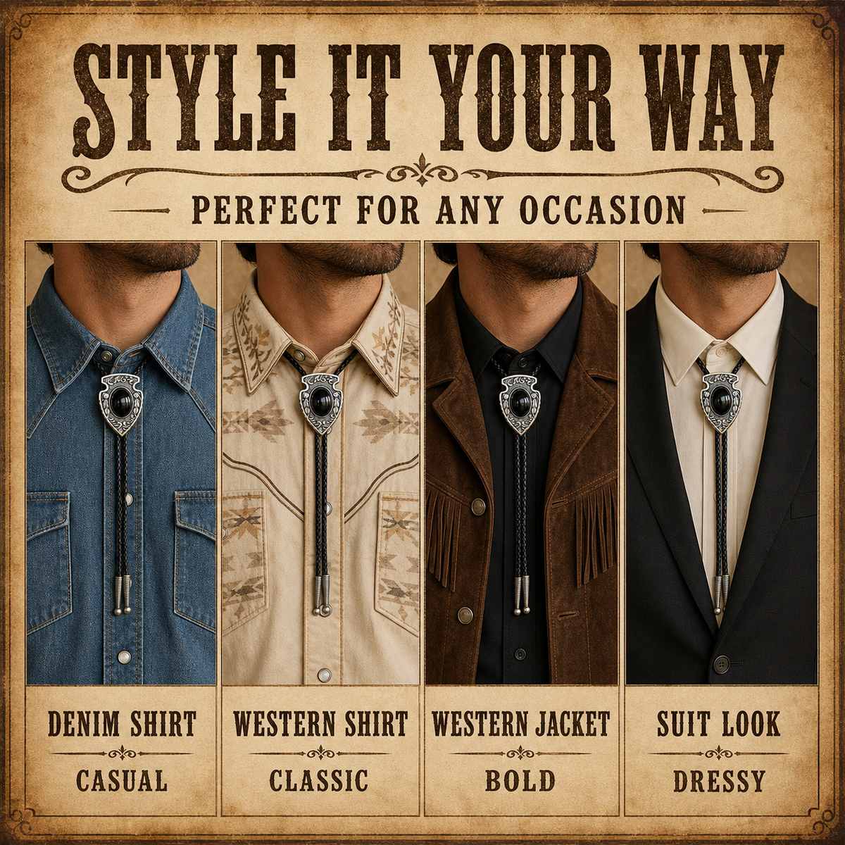 Arrowhead Black Obsidian Silver Bolo Tie outfit styling guide