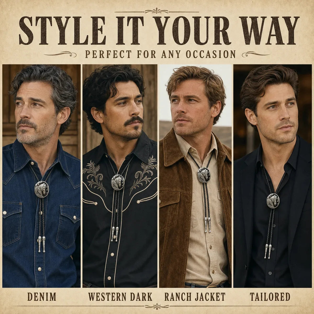 Four ways to wear a black horse head Western bolo tie