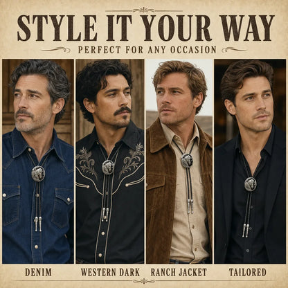 Four ways to wear a black horse head Western bolo tie