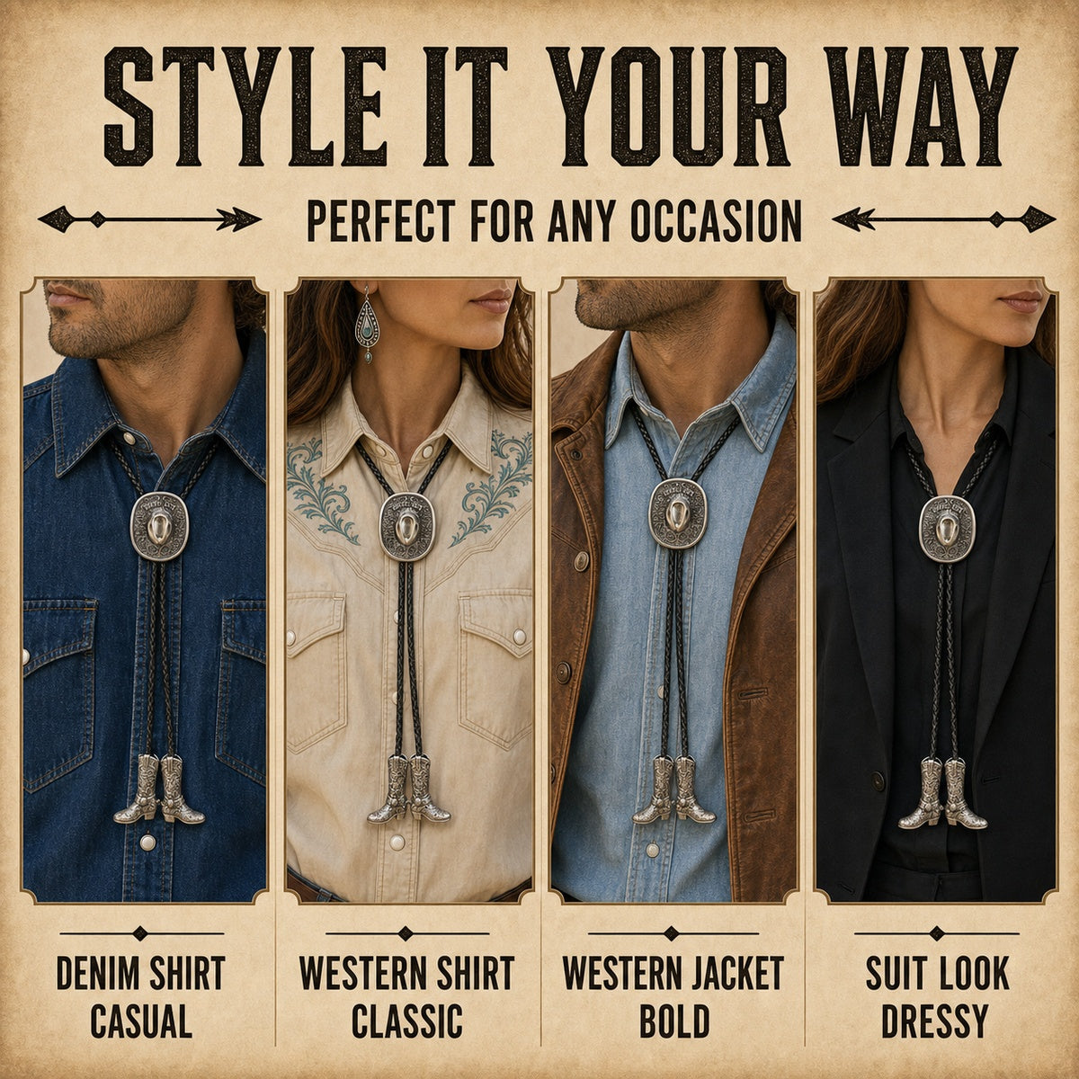 Silver Cowboy Life hat and cowboy boot pendant bolo tie styled with denim western shirt vest and suit looks