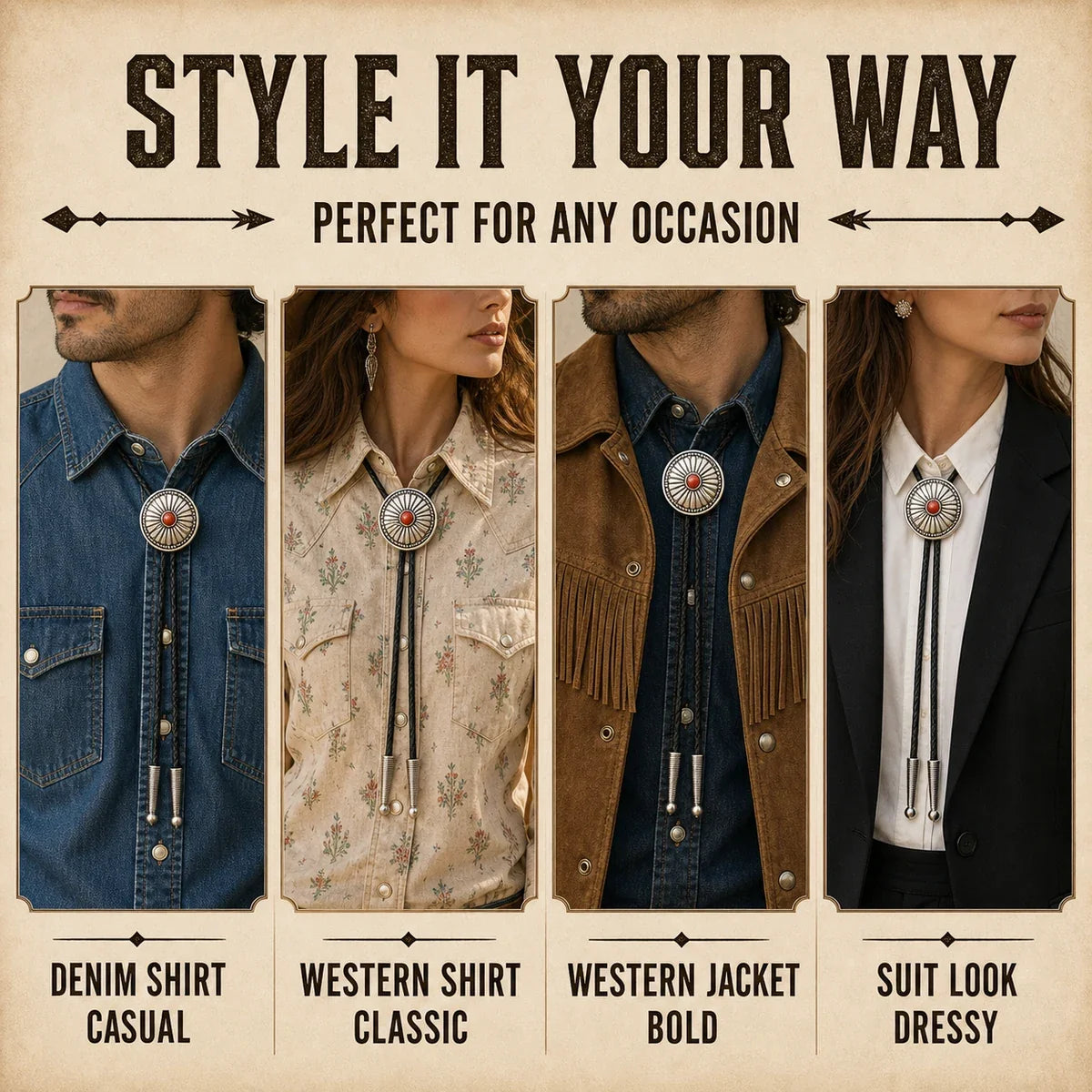 Style guide showing four ways to wear a daisy red agate sterling silver bolo tie
