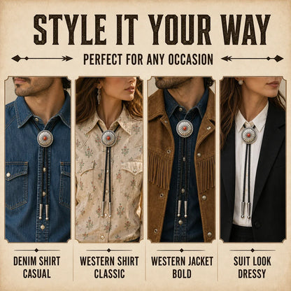 Style guide showing four ways to wear a daisy red agate sterling silver bolo tie