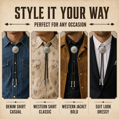 Style guide showing four ways to wear a daisy turquoise sterling silver bolo tie