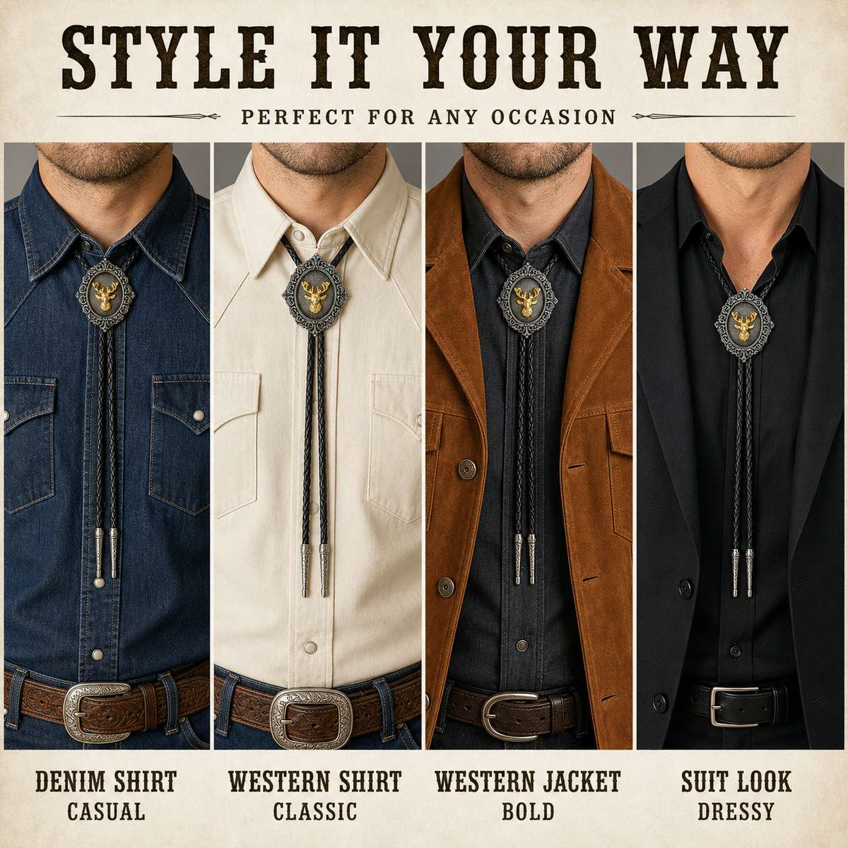 Four styling ideas for the gilded stag antique silver bolo tie