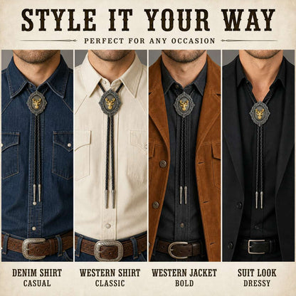 Four styling ideas for the gilded stag antique silver bolo tie