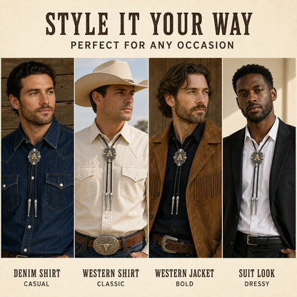 Style guide showing four ways to wear a gold letter A Western bolo tie