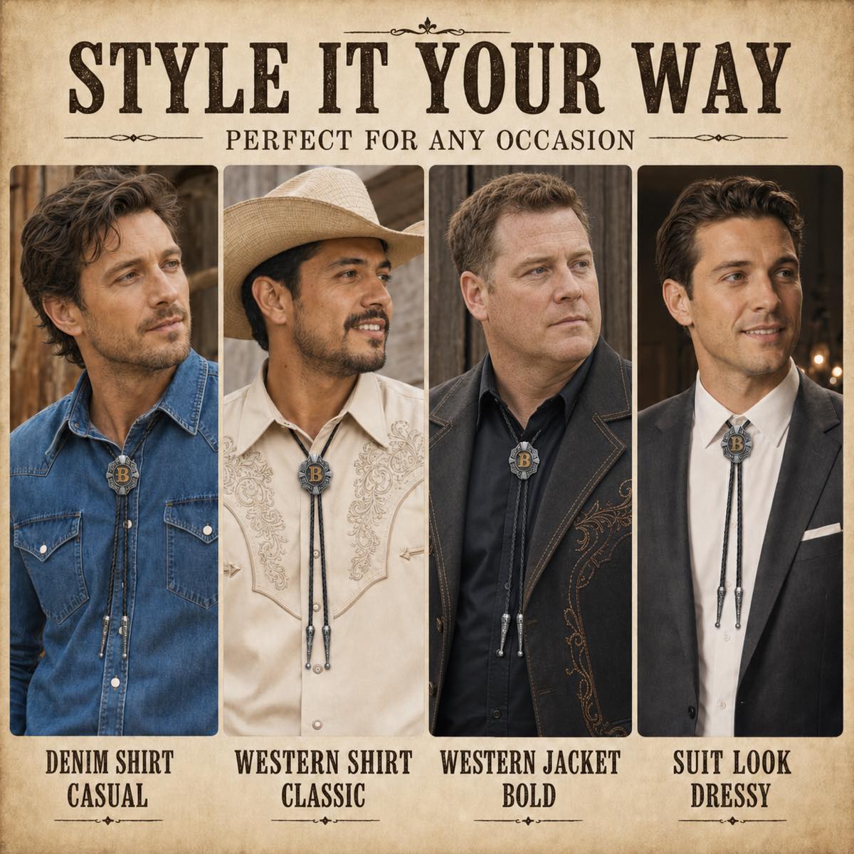 Four realistic ways to style the gold letter B Western bolo tie
