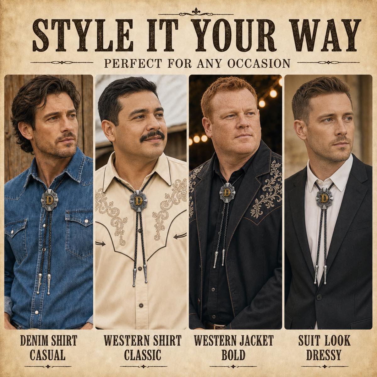 Four realistic ways to style the gold letter D Western bolo tie
