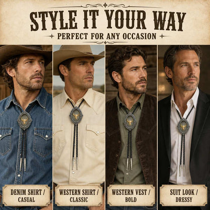 Gold longhorn bolo tie styling guide with denim, Western shirt, vest, and suit looks