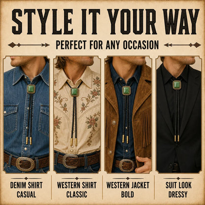 Style guide showing four ways to wear a green jade gold-plated bolo tie