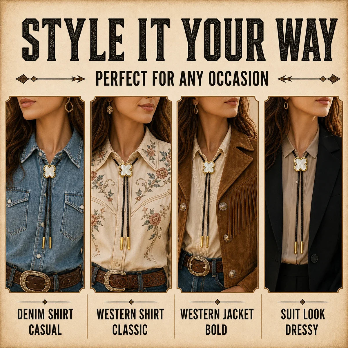 Style guide showing four feminine ways to wear a lucky clover bolo tie