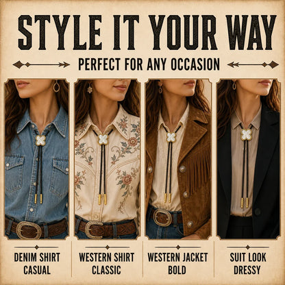 Style guide showing four feminine ways to wear a lucky clover bolo tie