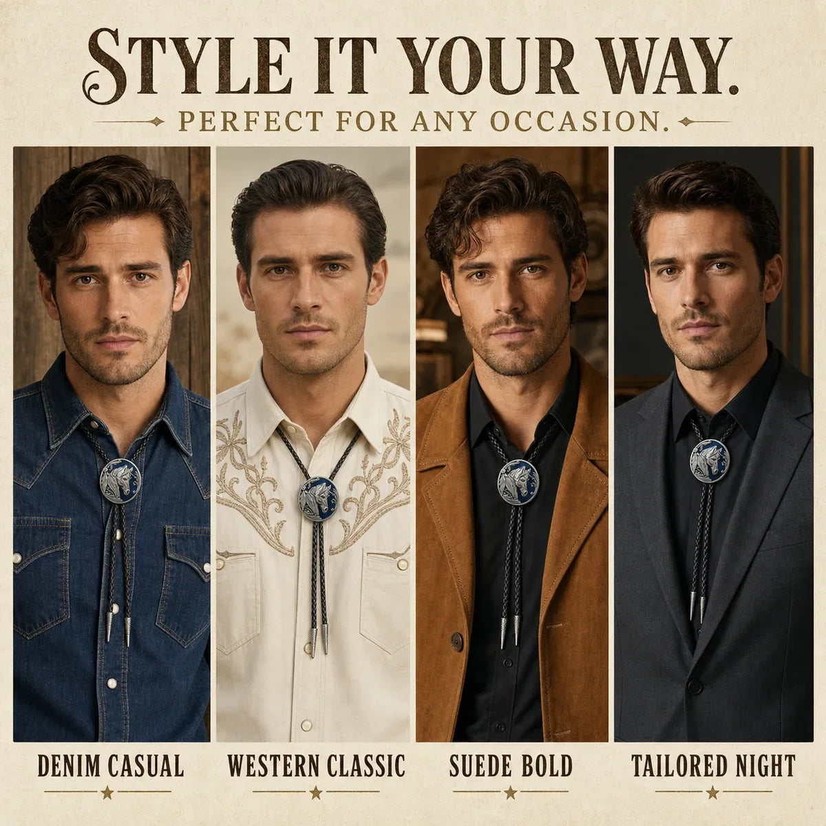 Four ways to wear the midnight blue horse head bolo tie