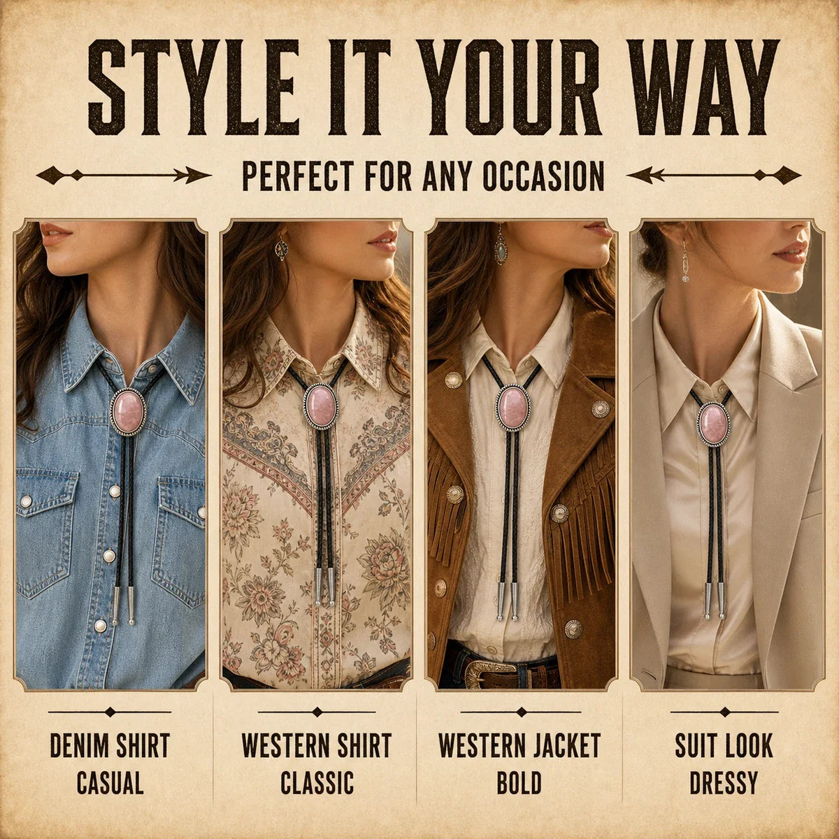 Style guide showing four feminine ways to wear a rose quartz bolo tie