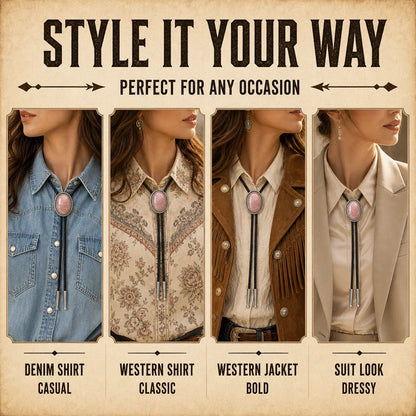 Style guide showing four feminine ways to wear a rose quartz bolo tie