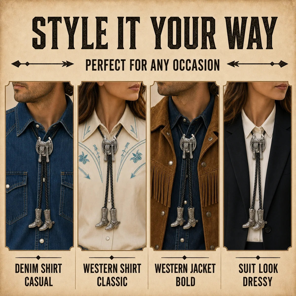 Silver saddle and cowboy boot pendant bolo tie styled with denim, Western shirt, jacket and suit looks
