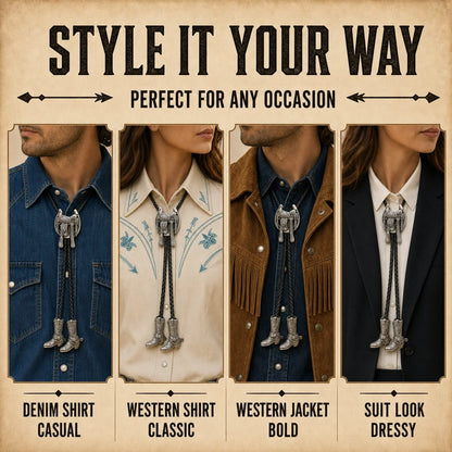 Silver saddle and cowboy boot pendant bolo tie styled with denim, Western shirt, jacket and suit looks