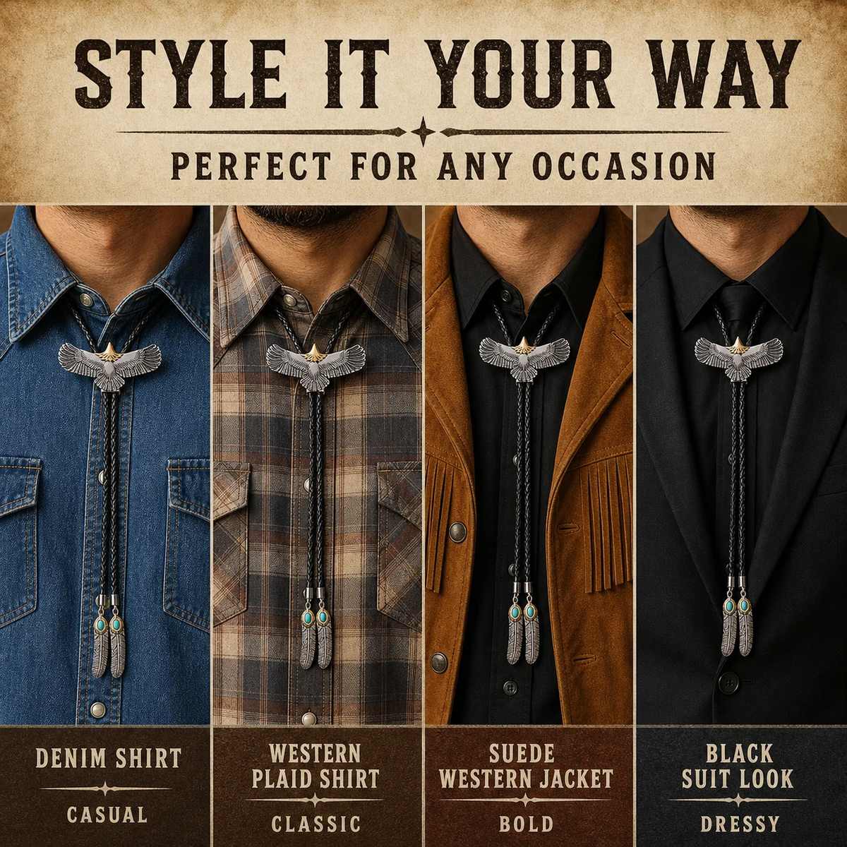 Style guide for wearing the stainless steel soaring eagle bolo tie