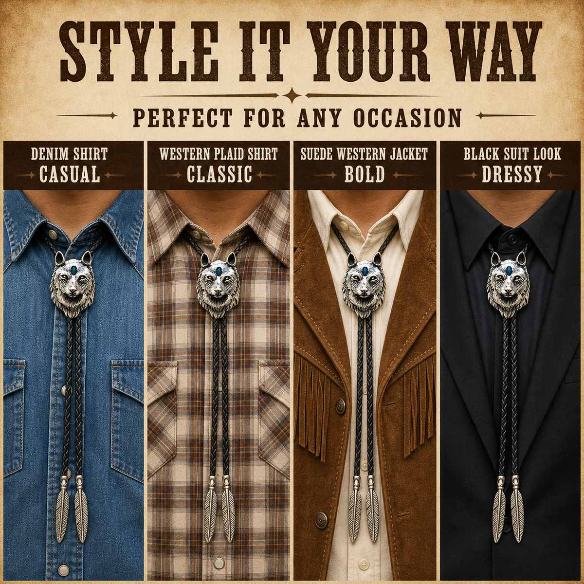 Style guide for the blue inlay wolf head bolo tie with four western outfit ideas