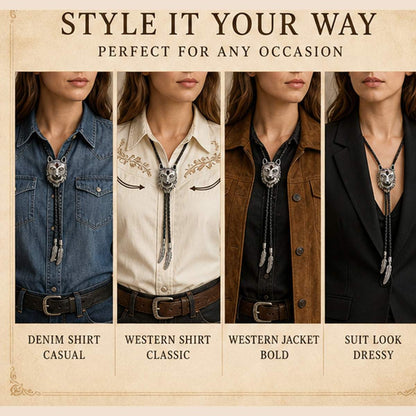 Style guide showing women's ways to wear the stainless steel red inlay wolf head bolo tie