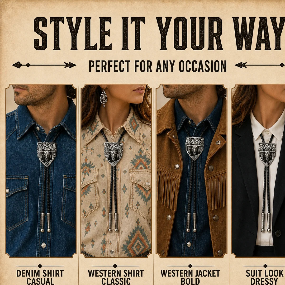 Black longhorn enamel bolo tie styled with denim, western shirt, western jacket, and suit looks