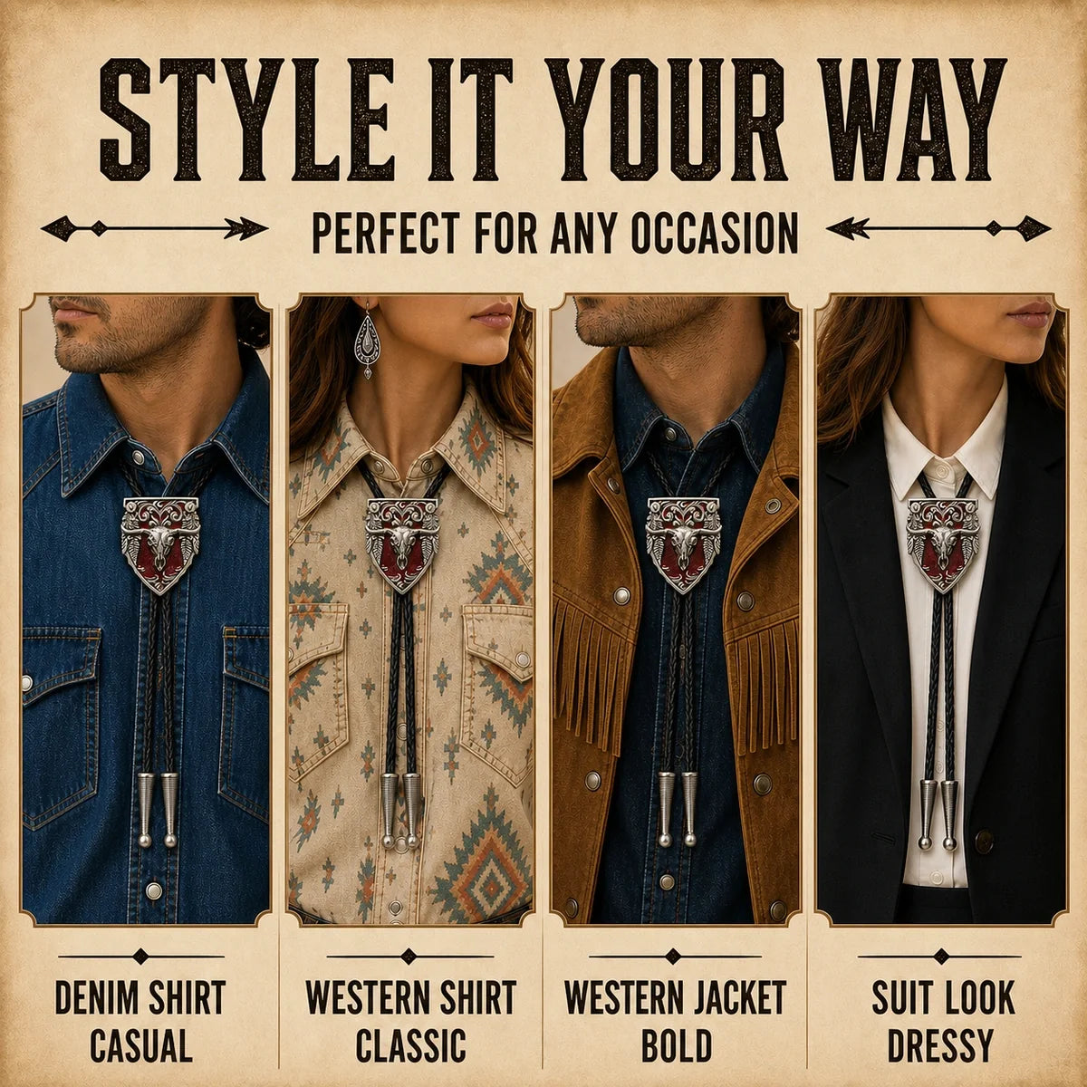 Red longhorn enamel bolo tie styled with denim, western shirt, western jacket, and suit looks