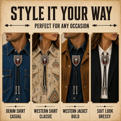 Red longhorn enamel bolo tie styled with denim, western shirt, western jacket, and suit looks