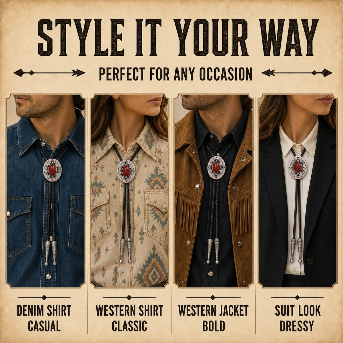 Ruby-red enamel bolo tie styled with denim, western shirt, western jacket, and suit looks