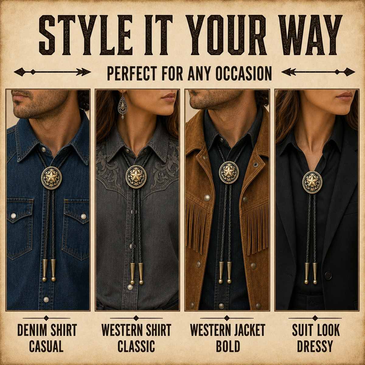 Antique brass Western star bolo tie styled with denim western shirt jacket and suit looks