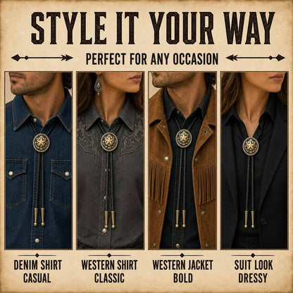Antique brass Western star bolo tie styled with denim western shirt jacket and suit looks