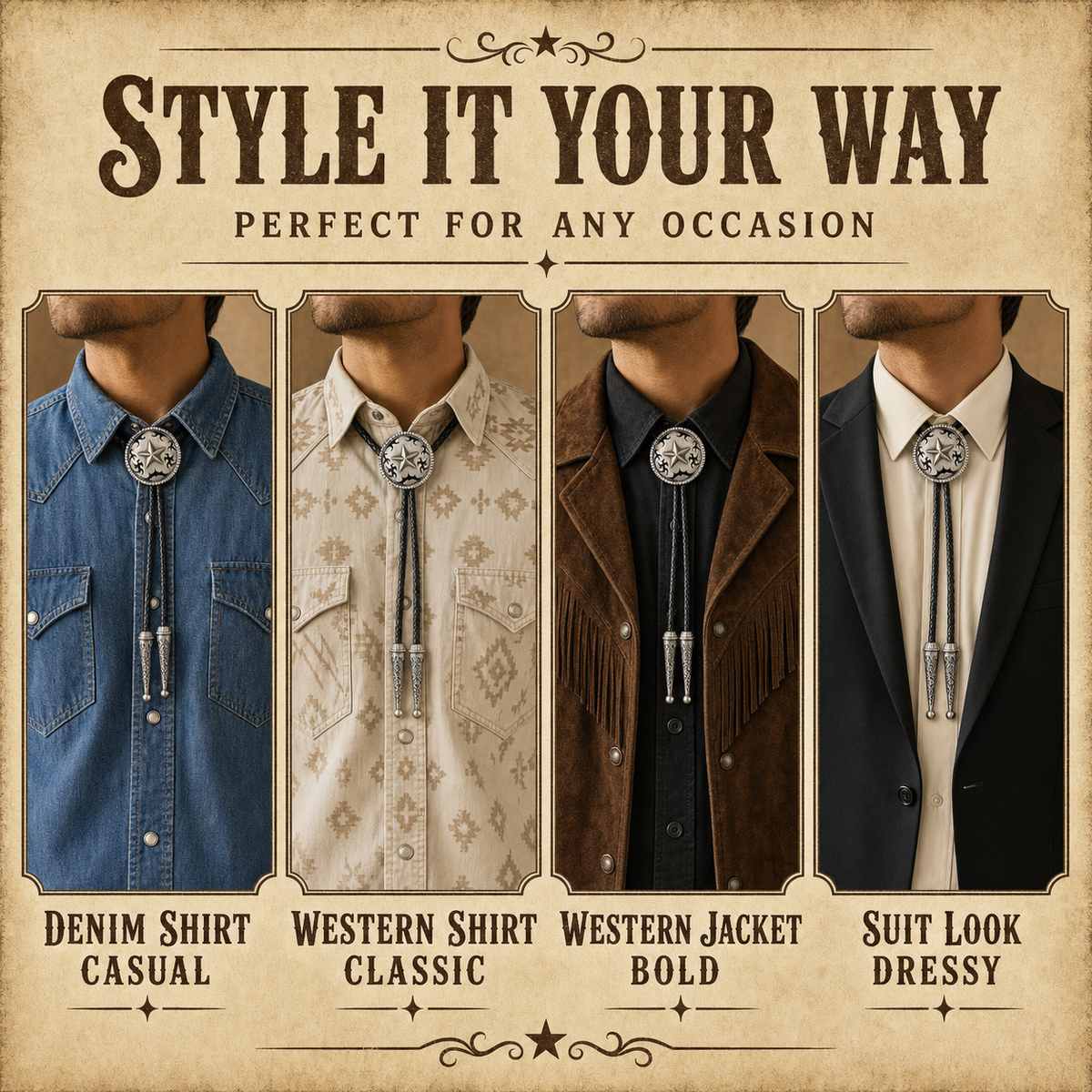 Western Star Antique Silver Bolo Tie outfit styling guide