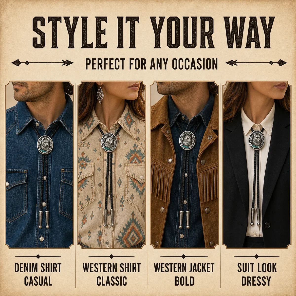 Style guide showing four ways to wear a western wolf bolo tie