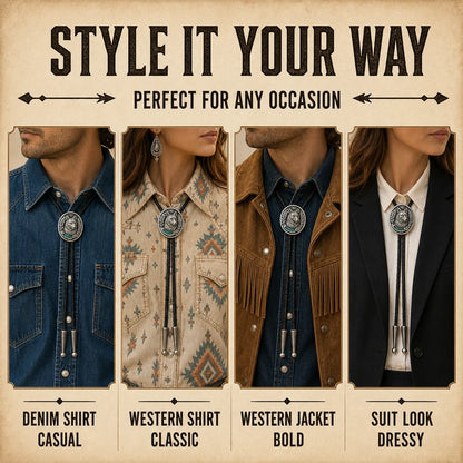 Style guide showing four ways to wear a western wolf bolo tie