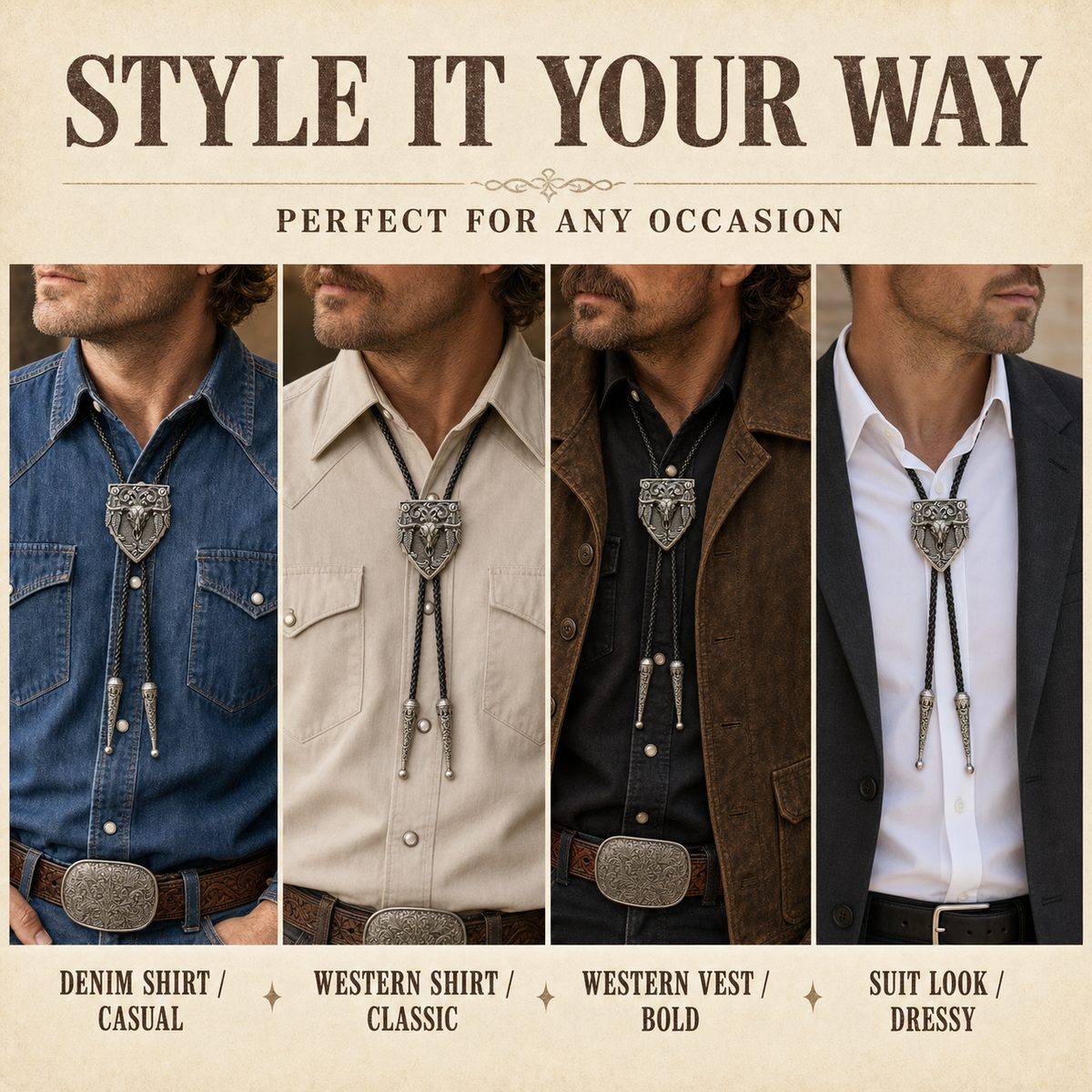 Silver longhorn arrowhead bolo tie styling guide with denim, Western shirt, vest, and suit looks
