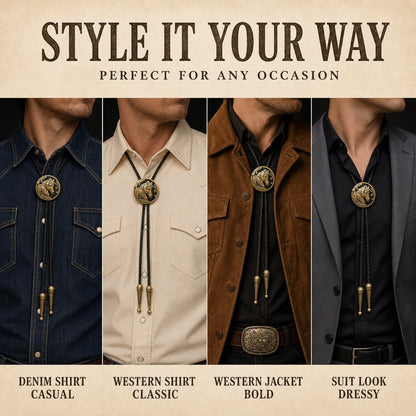 Style ideas for wearing a Western horse head copper bolo tie
