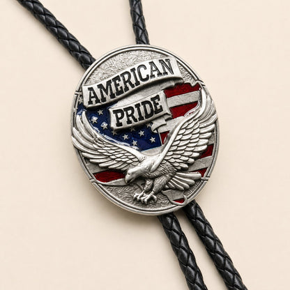 Close detail of the American Pride eagle bolo tie with red white and blue cold enamel flag design